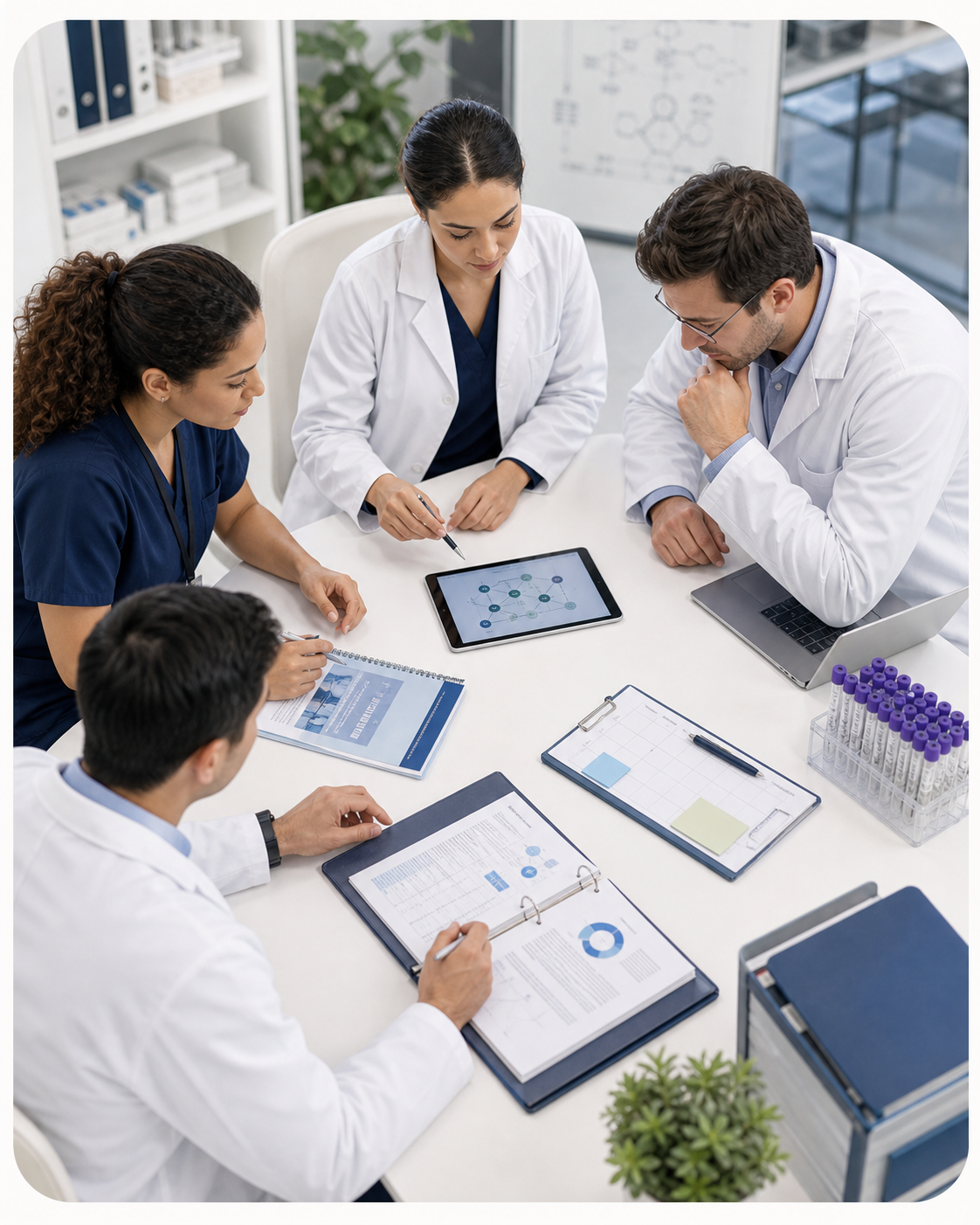 Clinical research team reviewing study materials